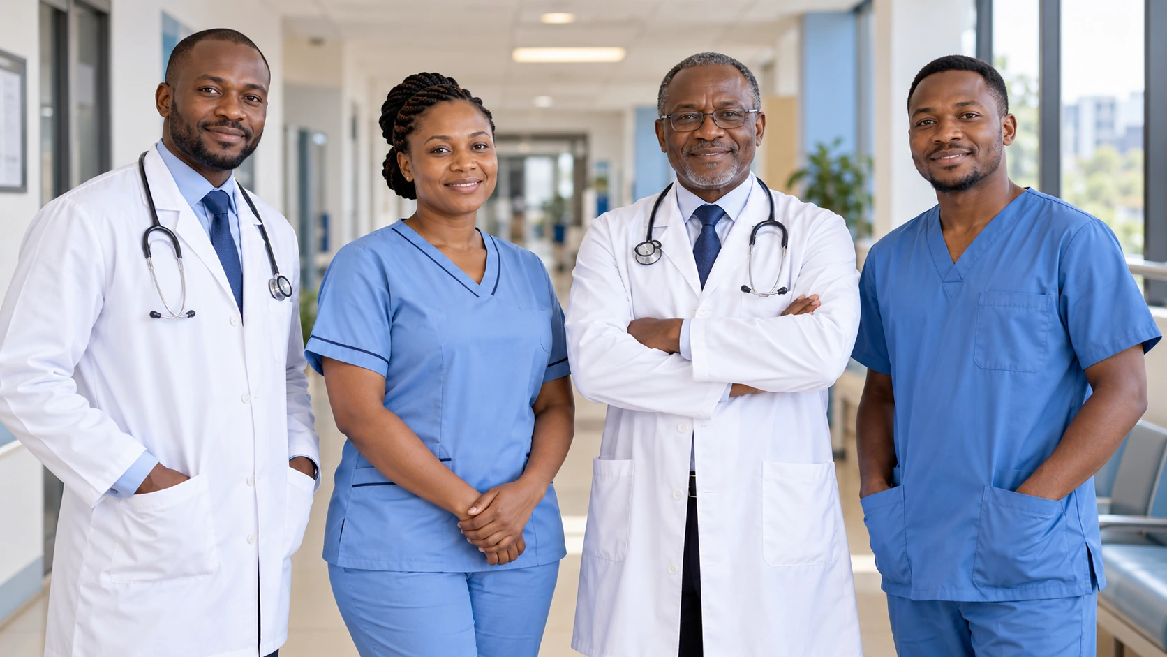 Quatre professionnels en tenues médicales, réunis dans un couloir lumineux.