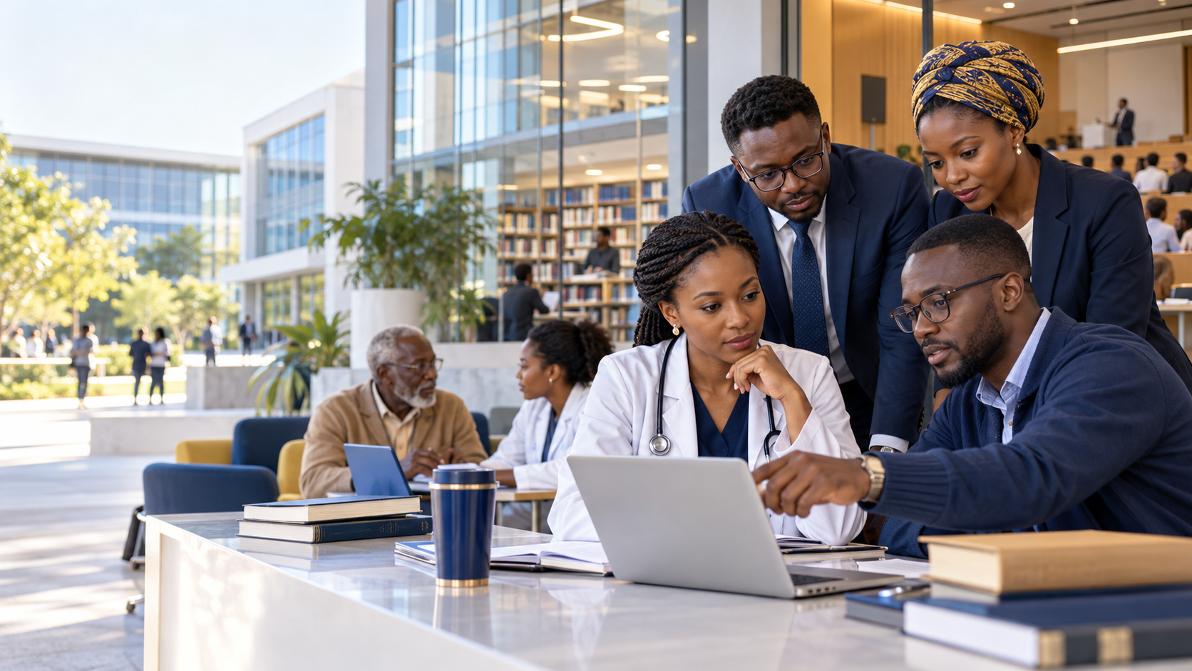 Professionnels de santé africains étudiant ensemble dans un campus universitaire moderne et international.