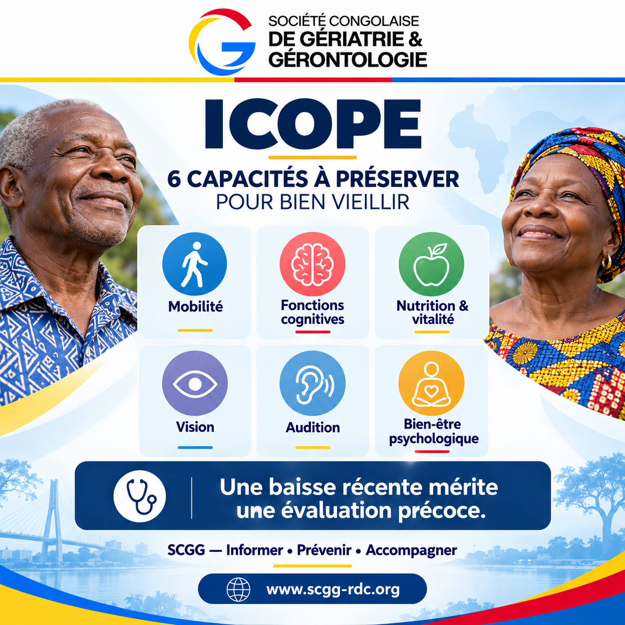 Affiche SCGG présentant les six capacités ICOPE à préserver pour bien vieillir : mobilité, cognition, nutrition et vitalité, vision, audition et bien-être psychologique.