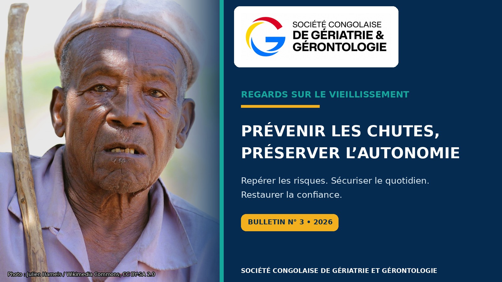 Personne âgée congolaise illustrant le bulletin SCGG n° 3 sur la prévention des chutes et l’autonomie
