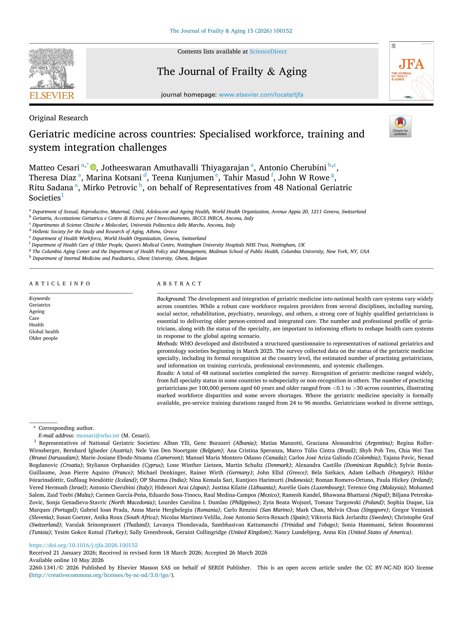 Première page originale en anglais de l’article Geriatric medicine across countries, avec le titre, les auteurs, la revue et le DOI.