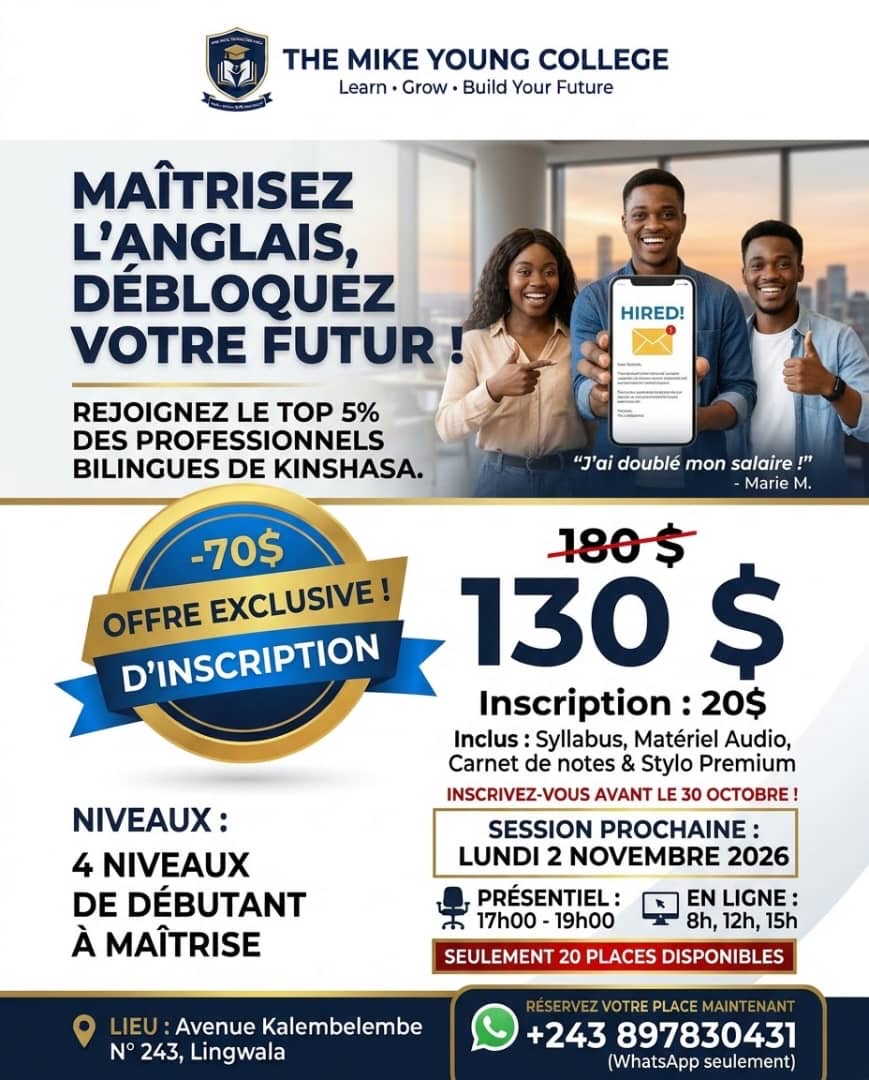 Affiche de la formation en anglais organisée par The Mike Young College à Kinshasa