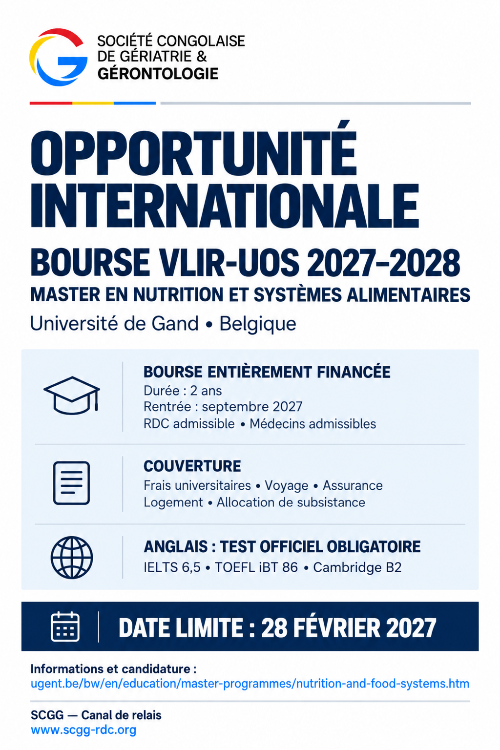 Affiche SCGG annonçant la bourse entièrement financée VLIR-UOS 2027–2028 en nutrition et systèmes alimentaires