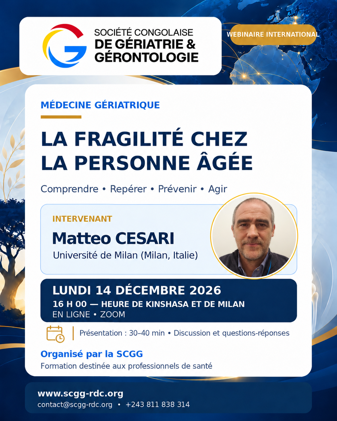 Affiche actualisée du webinaire SCGG sur la fragilité chez la personne âgée avec une photographie récente de Matteo Cesari.
