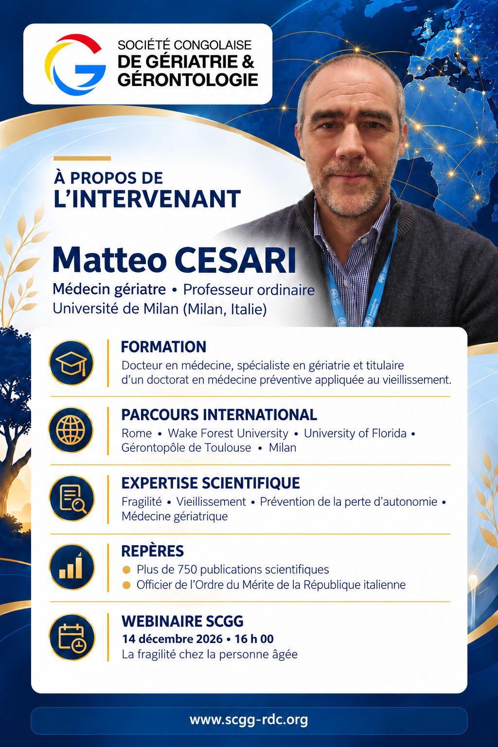 Affiche biographique actualisée de Matteo Cesari avec une photographie récente, son parcours international, son expertise et plus de 750 publications scientifiques.