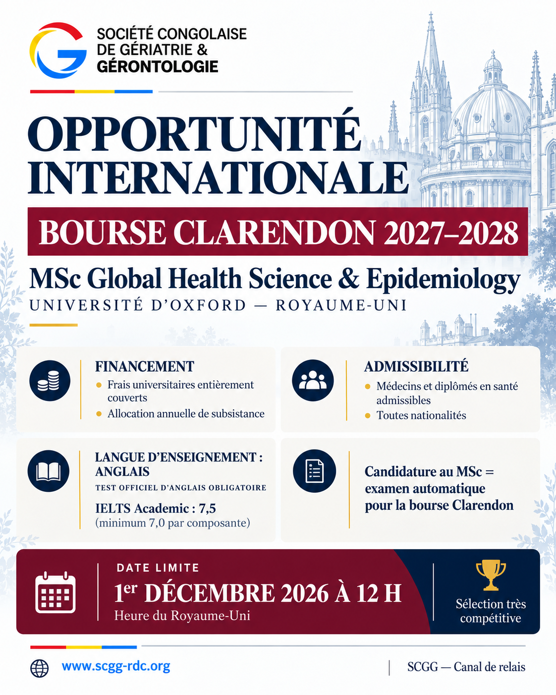 Affiche SCGG annonçant la bourse Clarendon 2027–2028 pour le MSc Global Health Science & Epidemiology de l’Université d’Oxford