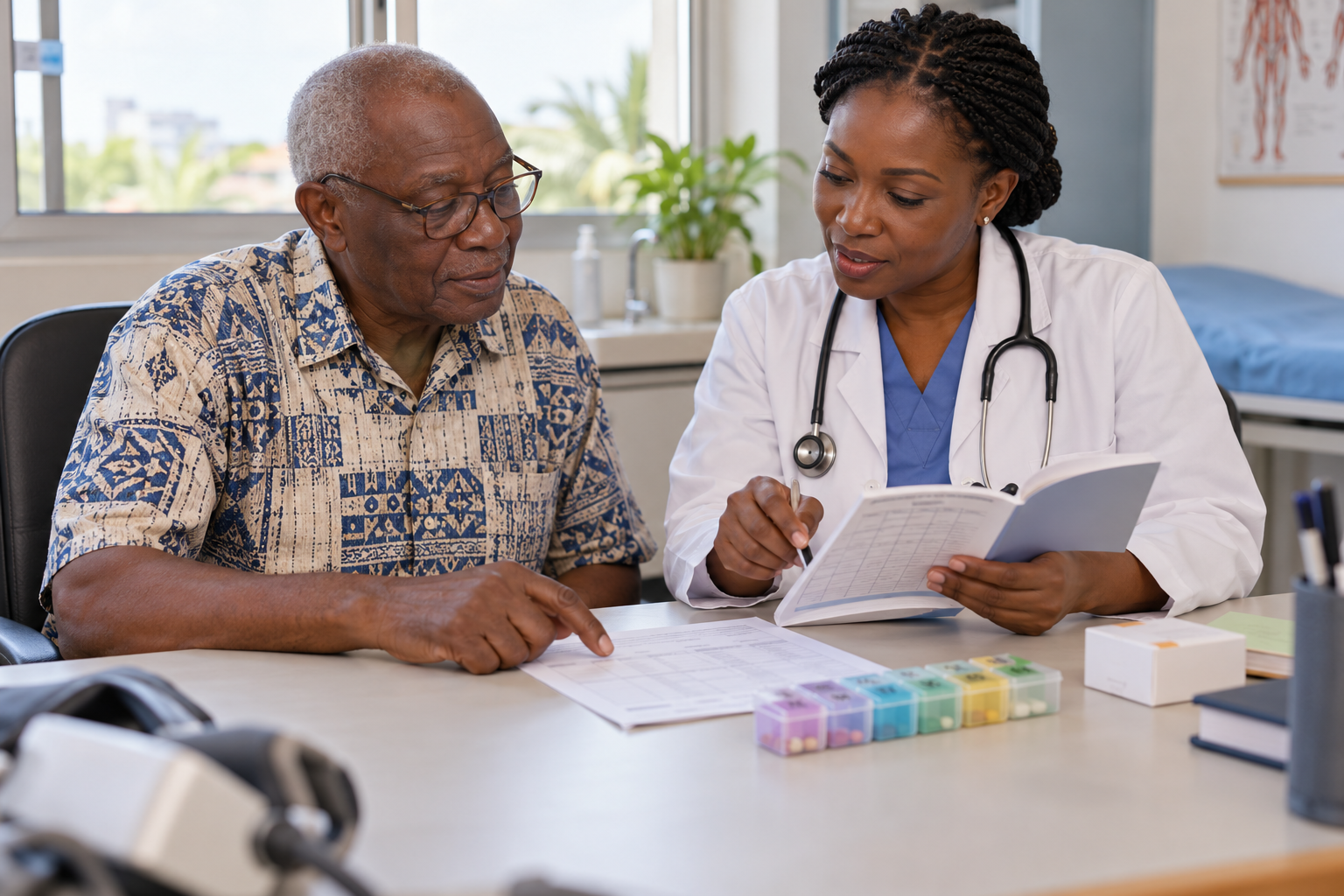 Une médecin explique le suivi de l’INR et l’organisation du traitement anticoagulant à un patient âgé.