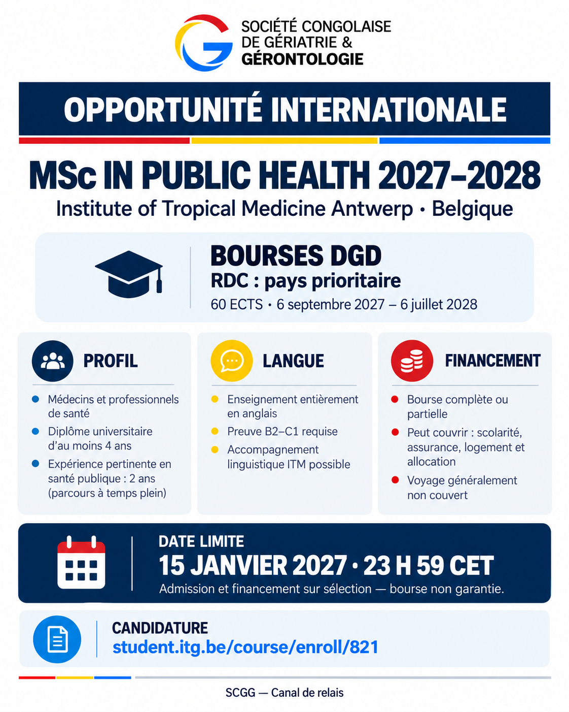 Affiche SCGG annonçant le MSc in Public Health 2027–2028 et les bourses DGD de l’Institut de Médecine Tropicale d’Anvers.